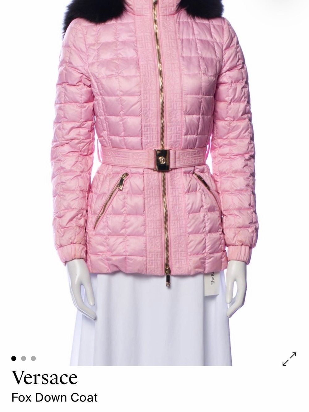 Versace pink fox-trimmed down coat with a fitted belted silhouette fox hood remv